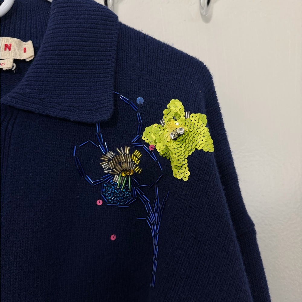 Marni 100% Wool Navy Beaded Sweater Cardigan - Picture 5 of 8